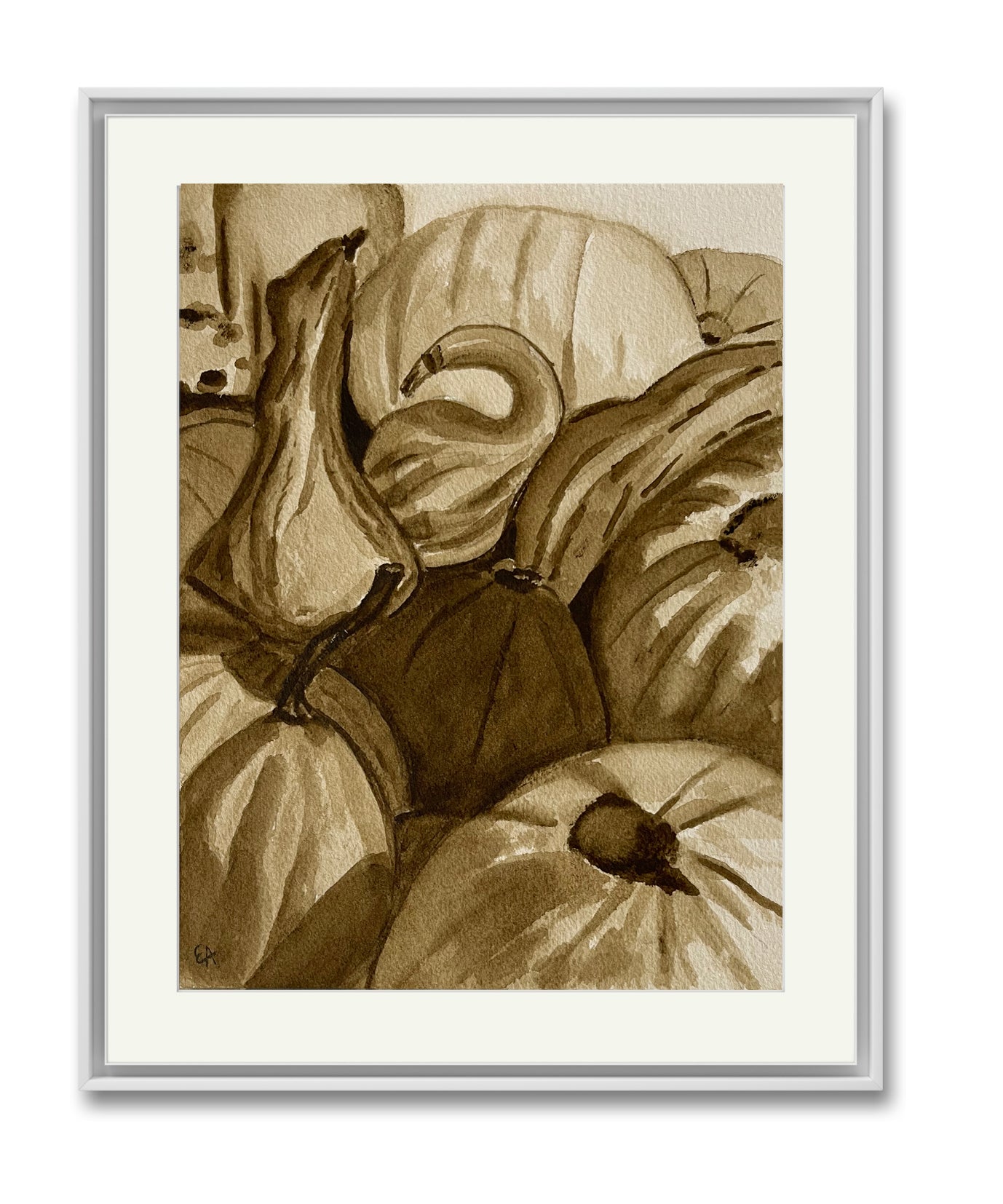 Watercolor Original Painting "Sepia Pumpkins"