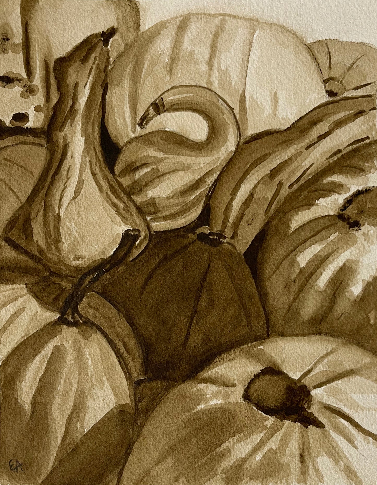 Watercolor Original Painting "Sepia Pumpkins"