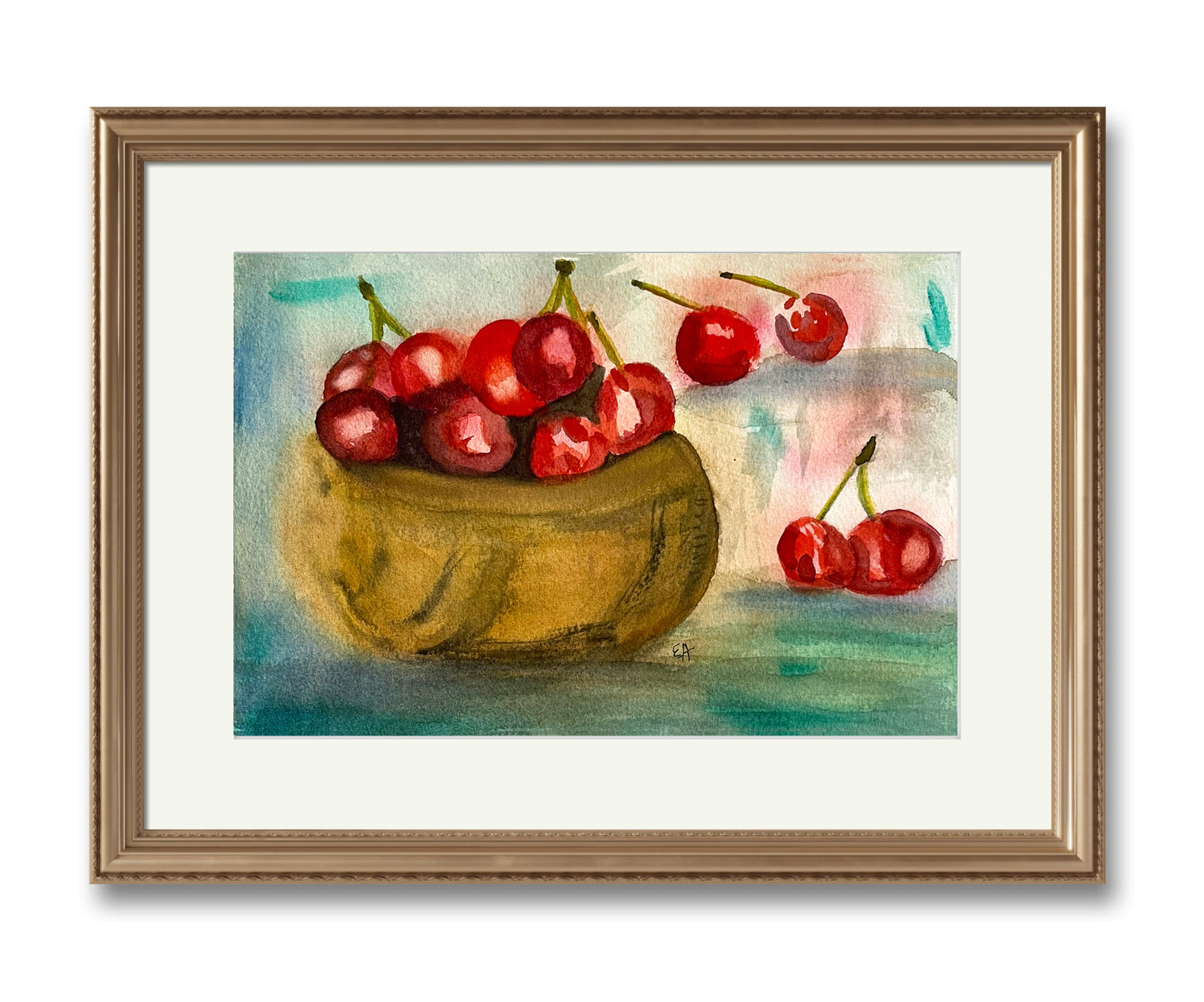 Watercolor Original Painting "Still Life Bowl of Cherries"