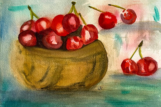 Watercolor Original Painting "Still Life Bowl of Cherries"