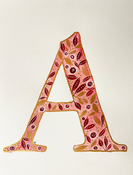 Watercolor Original Painting "Letter A Red and Gold Leaves"