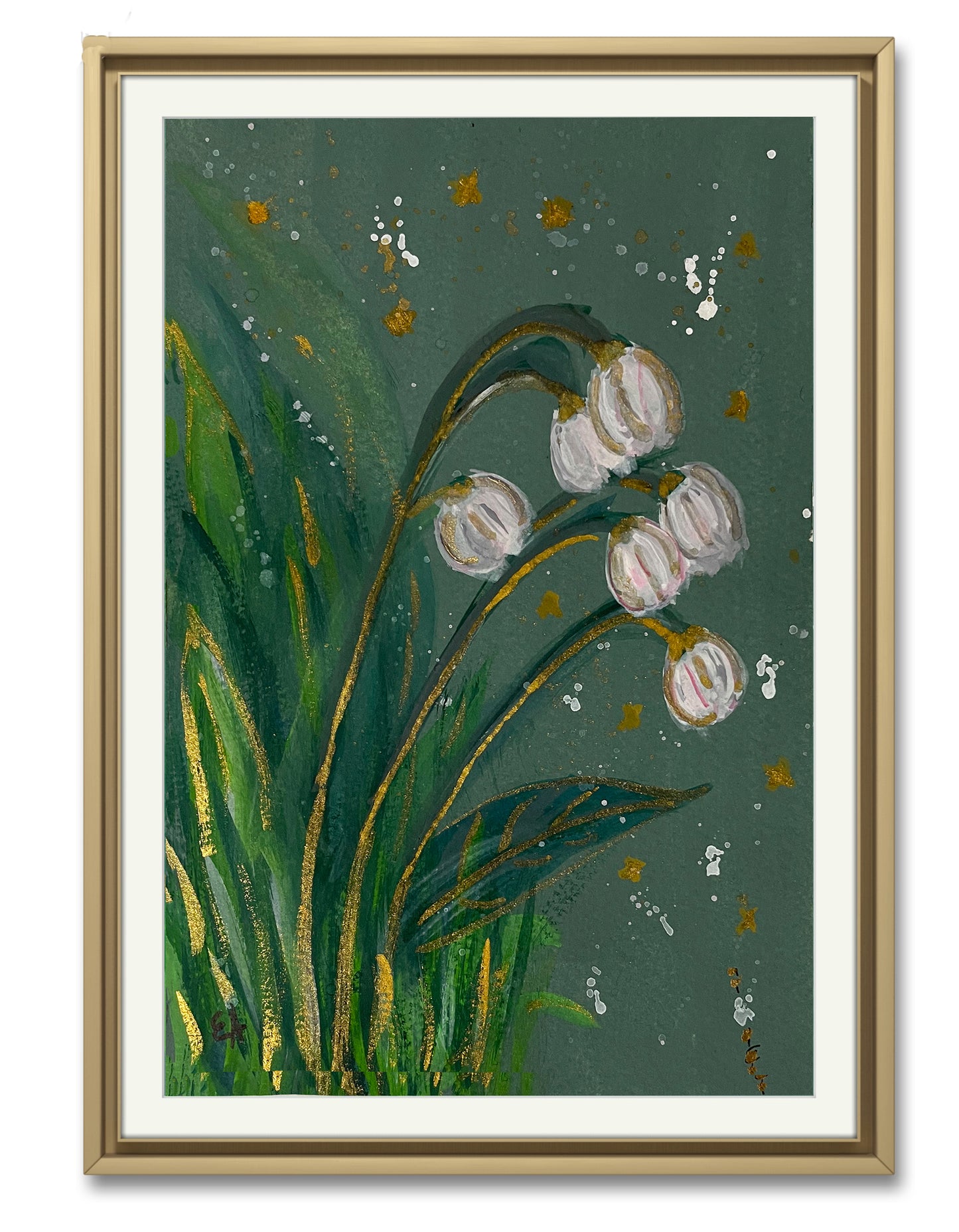 Goauche Original Painting "White Flowers with Green and Gold Nature"