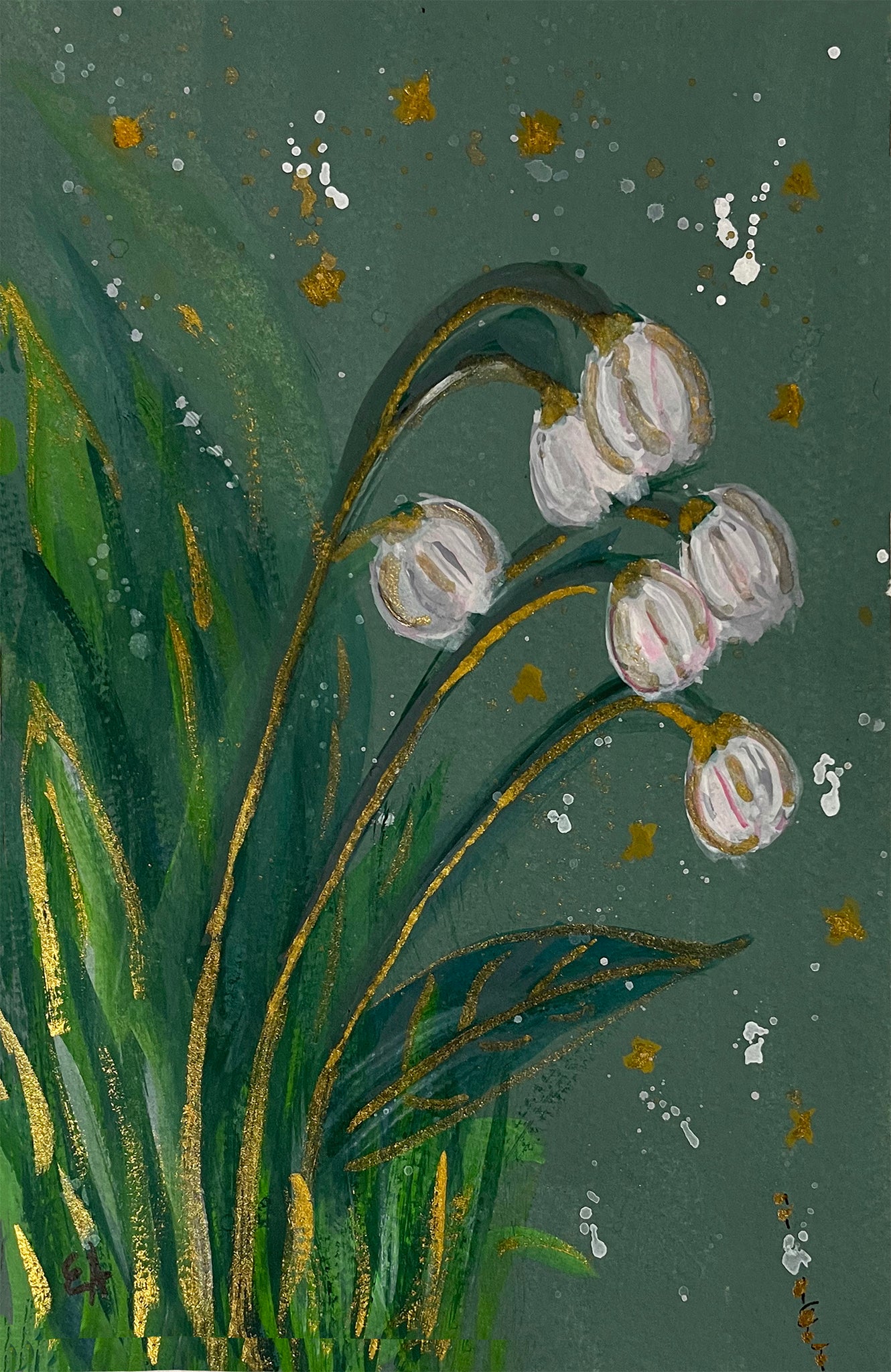 Goauche Original Painting "White Flowers with Green and Gold Nature"