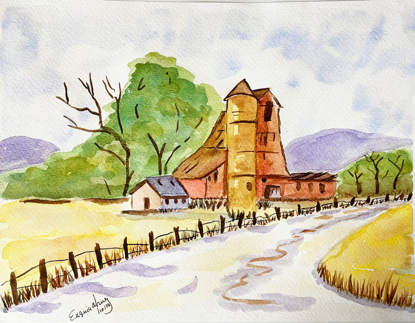 Watercolor Original Painting "Old Farm"