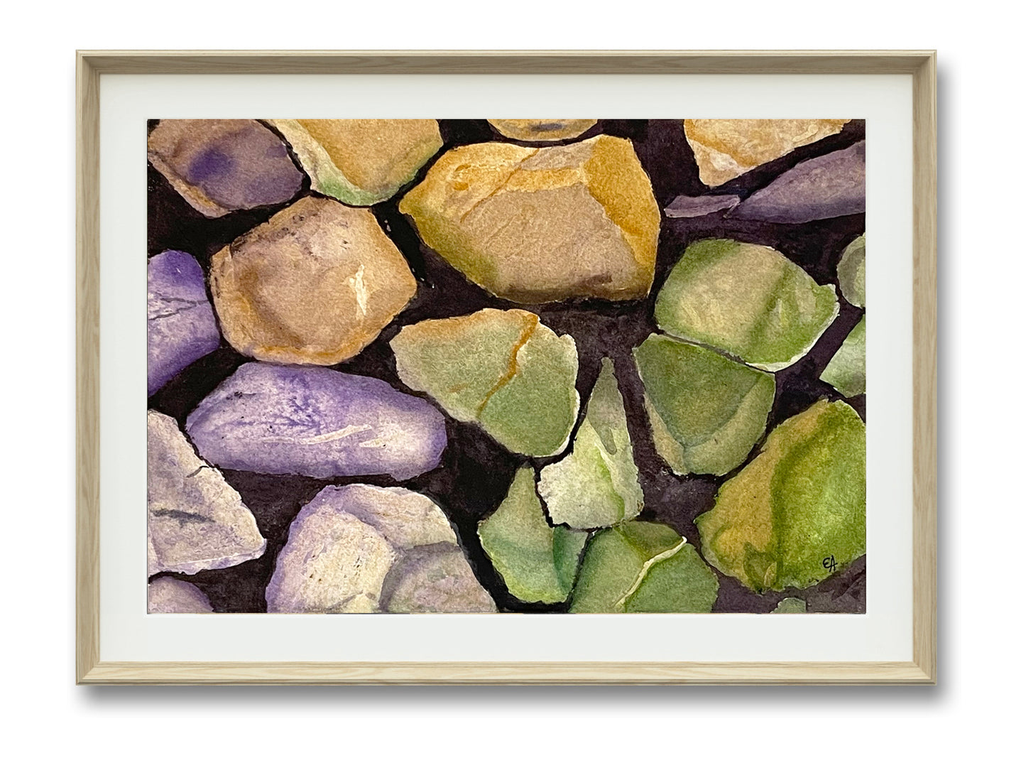 Watercolor Original Painting "Purple Green Rocks"