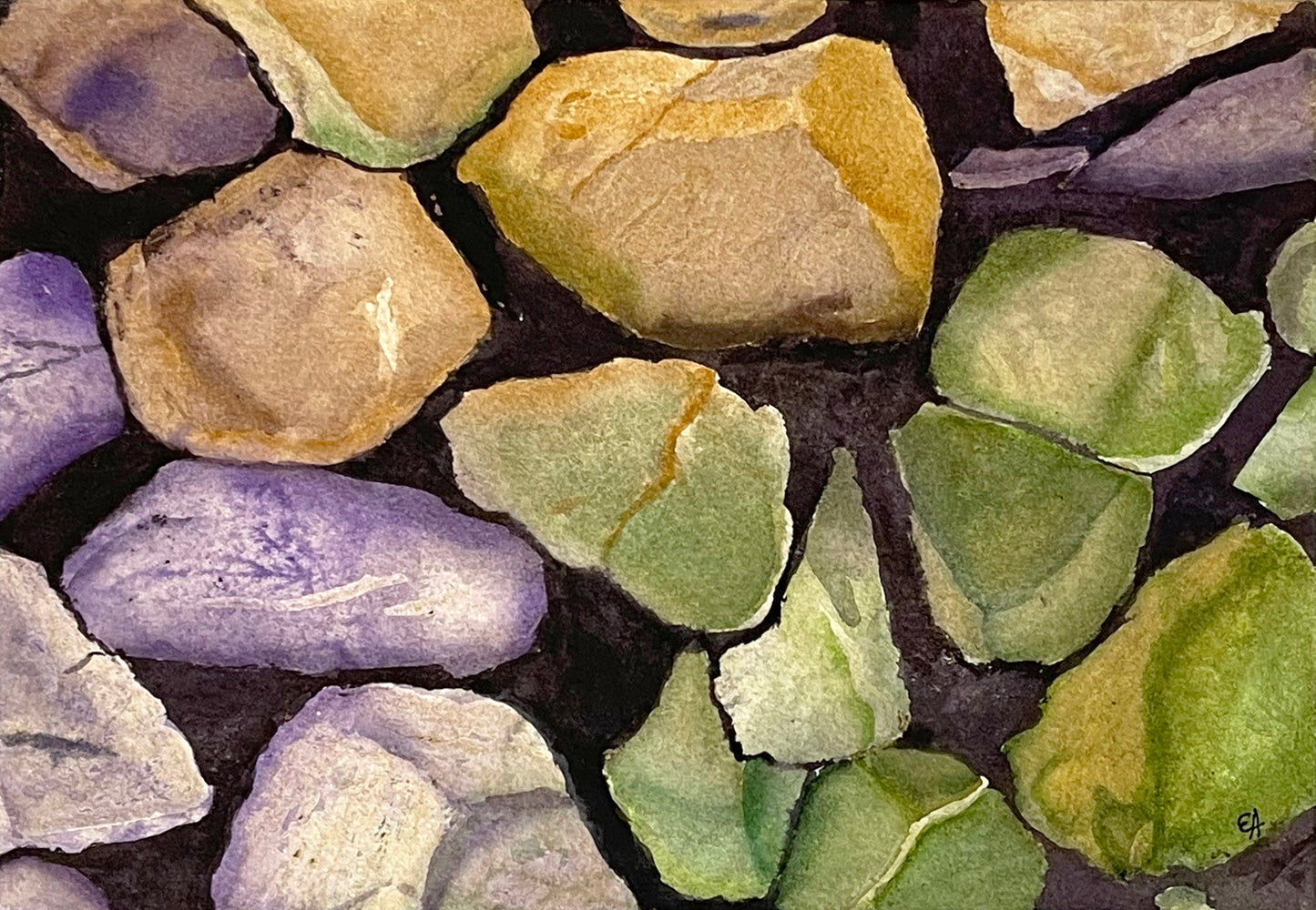 Watercolor Original Painting "Purple Green Rocks"