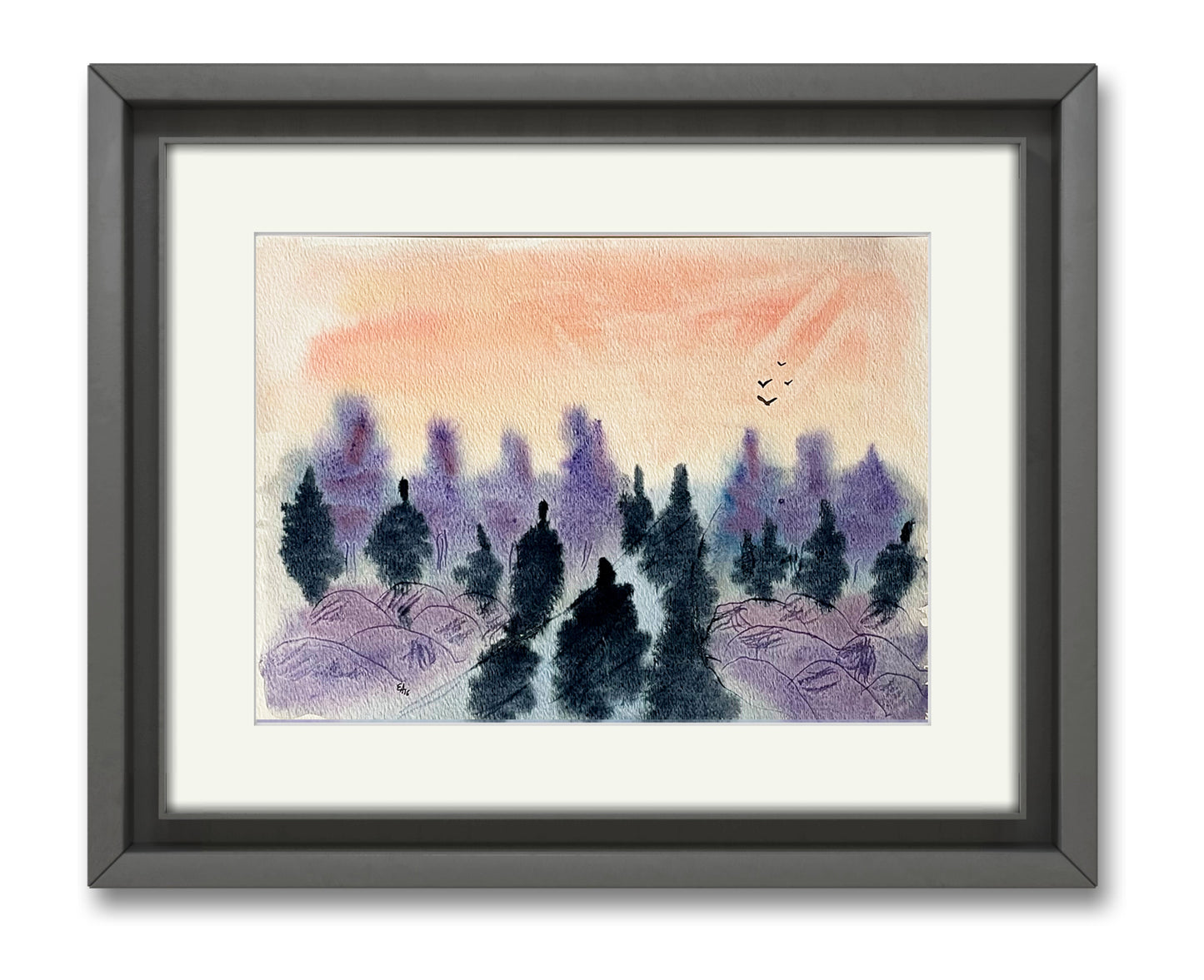 Watercolor Original Painting "Purple Rocks Sunset"