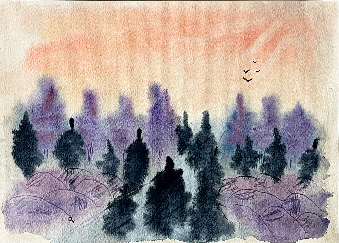 Watercolor Original Painting "Purple Rocks Sunset"